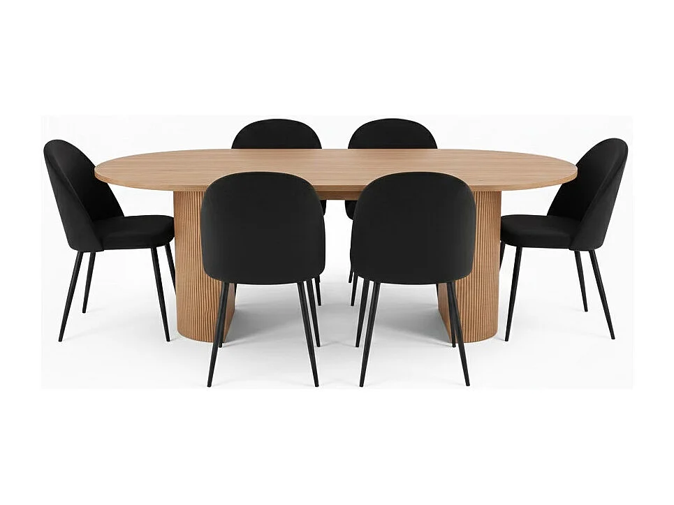 Kyoto ensemble de table à manger table 100x210cm nature, 6 chaises velours noir.