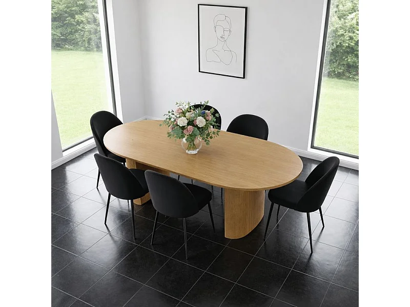 Kyoto ensemble de table à manger table 100x210cm nature, 6 chaises velours noir.