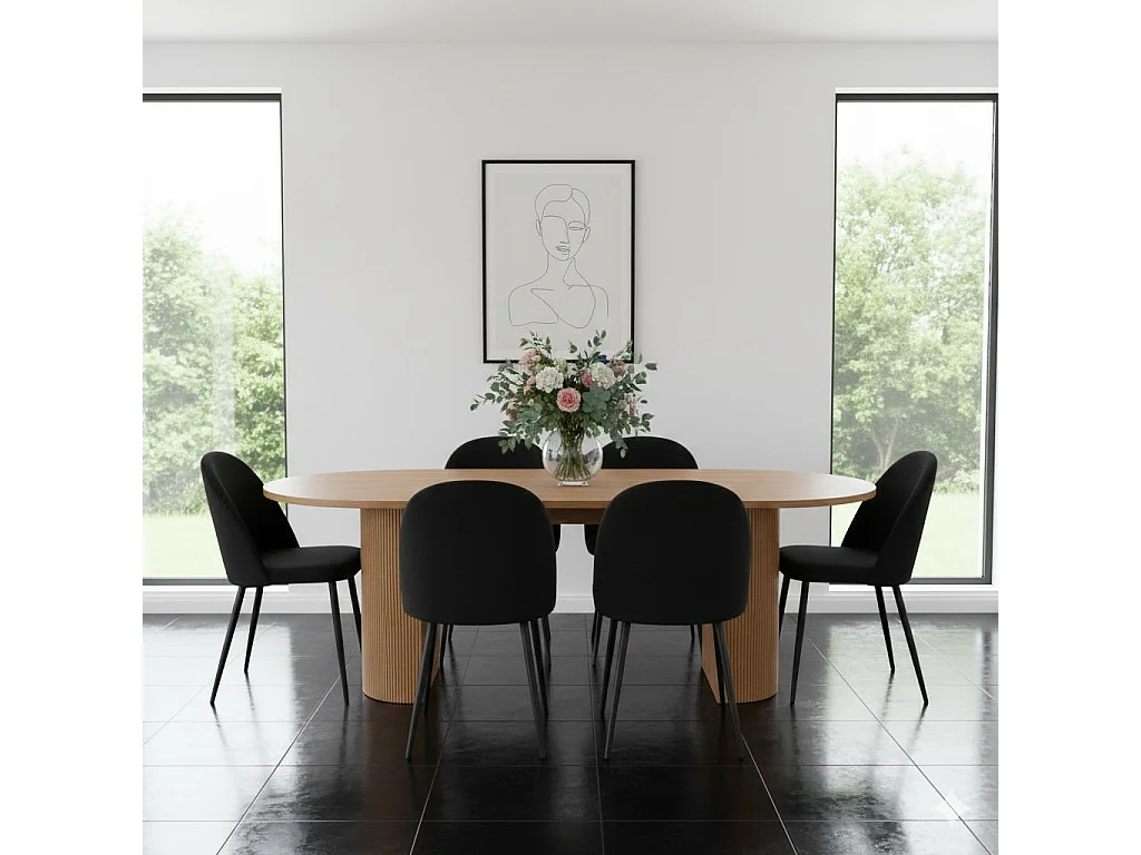 Kyoto ensemble de table à manger table 100x210cm nature, 6 chaises velours noir.