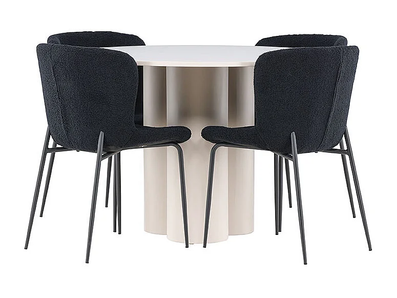 Olivia ensemble pour salle à manger table Ø110cm et 4 chaises teddy beige.