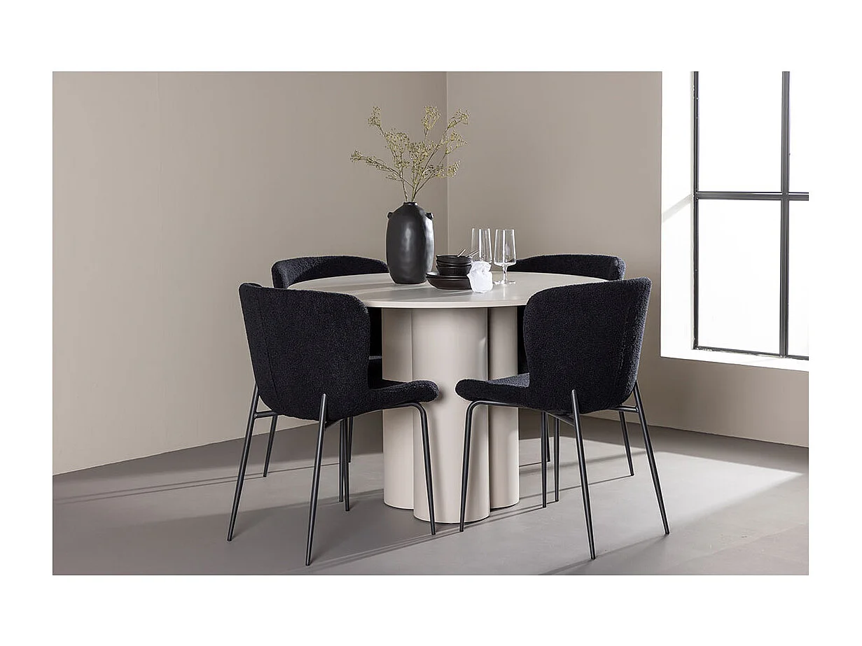 Olivia ensemble pour salle à manger table Ø110cm et 4 chaises teddy beige.
