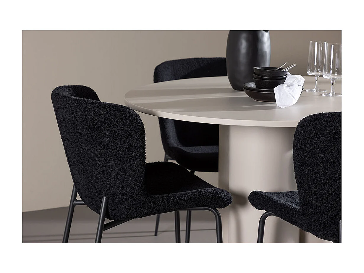 Olivia ensemble pour salle à manger table Ø110cm et 4 chaises teddy beige.
