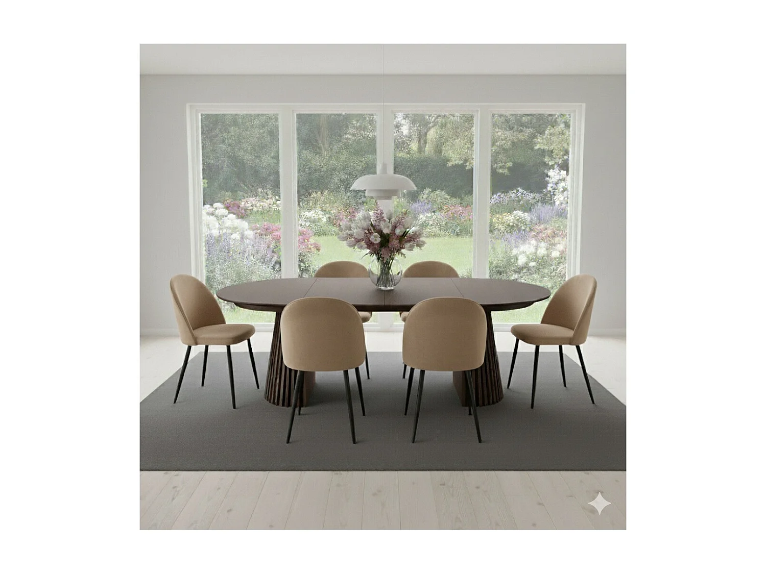 Tokyo ensemble de table à manger table à manger smoked, 6 chaises en velours beige.