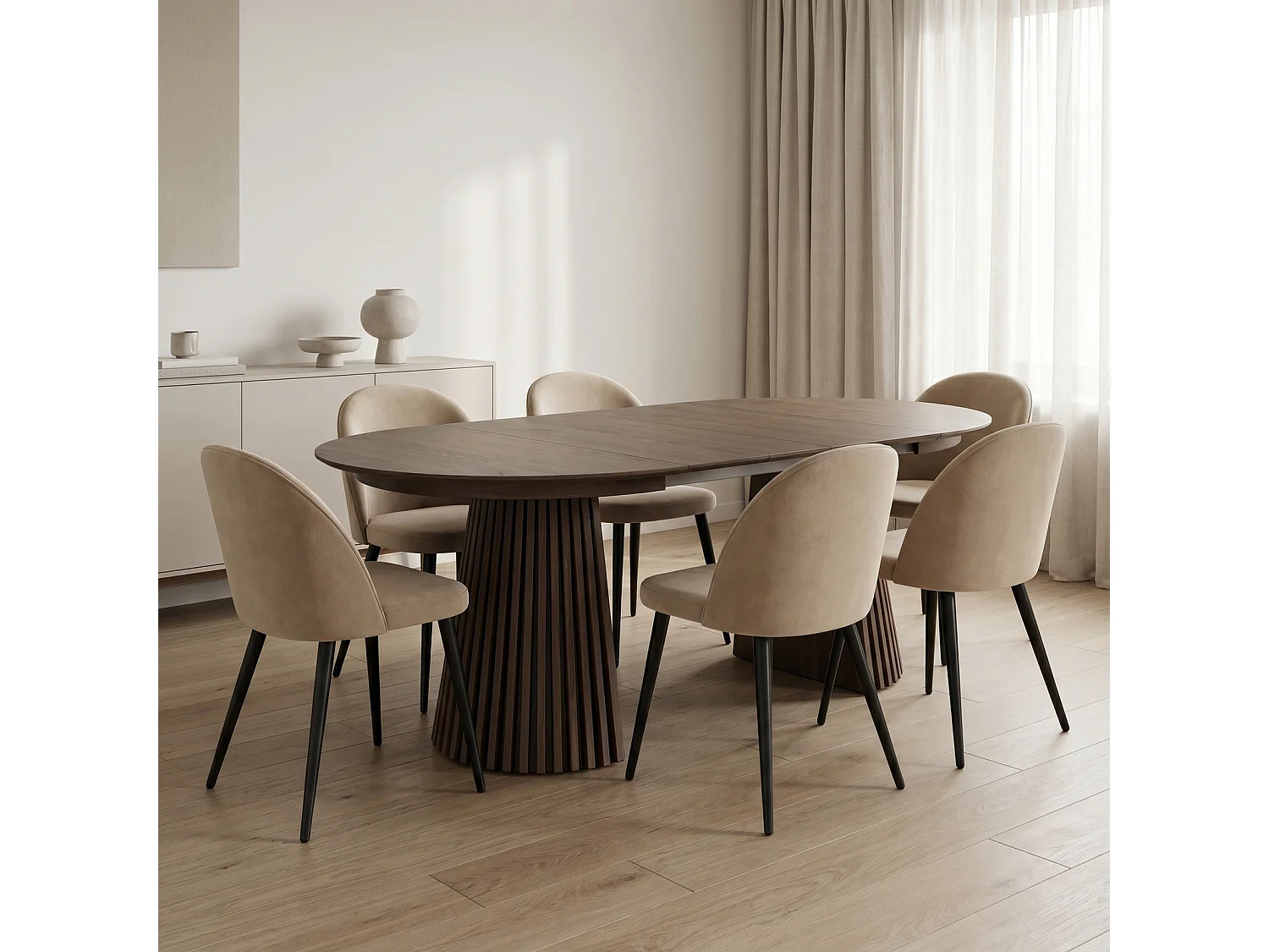 Tokyo ensemble de table à manger table à manger smoked, 6 chaises en velours beige.