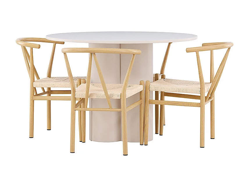 Olivia ensemble pour salle à manger table Ø110cm et 4 chaises avec accoudoirs empilables beige.