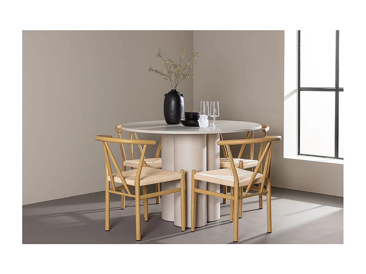 Olivia ensemble pour salle à manger table Ø110cm et 4 chaises avec accoudoirs empilables beige.