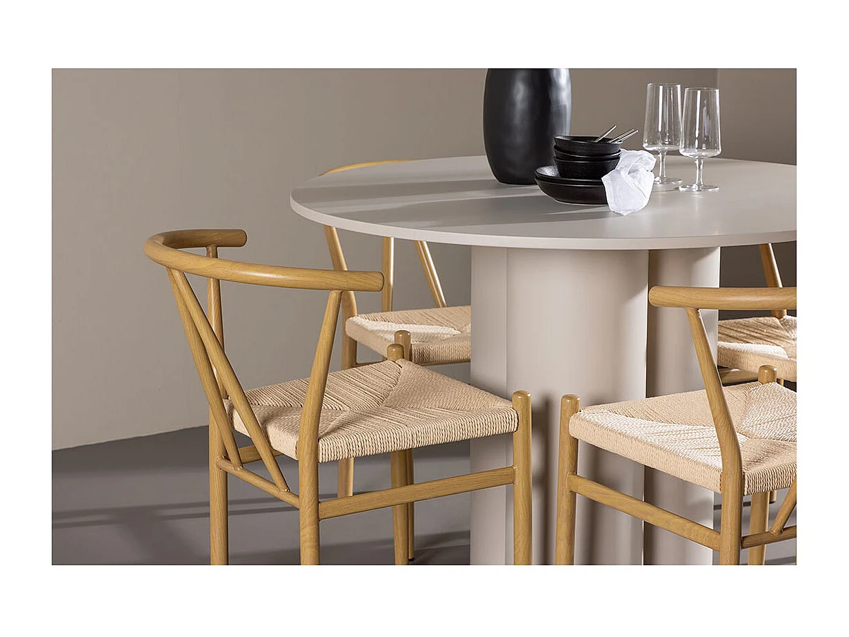 Olivia ensemble pour salle à manger table Ø110cm et 4 chaises avec accoudoirs empilables beige.