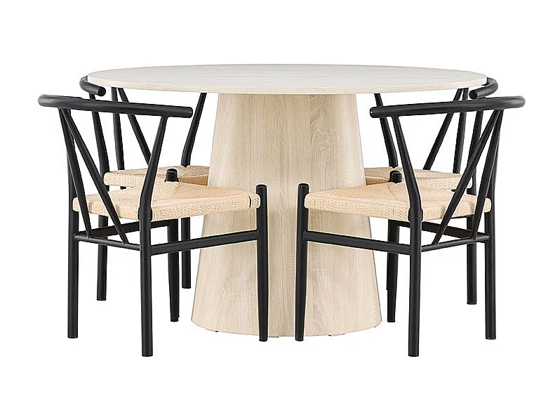 Lanzo ensemble pour salle à manger table Ø120cm et 4 chaises avec accoudoirs empilables whitewash.