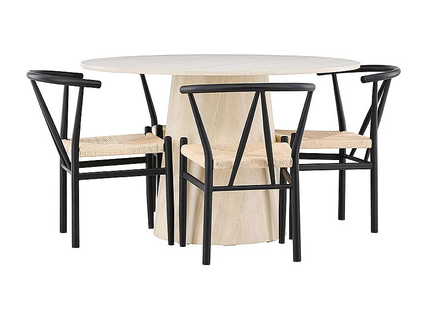 Lanzo ensemble pour salle à manger table Ø120cm et 4 chaises avec accoudoirs empilables whitewash.