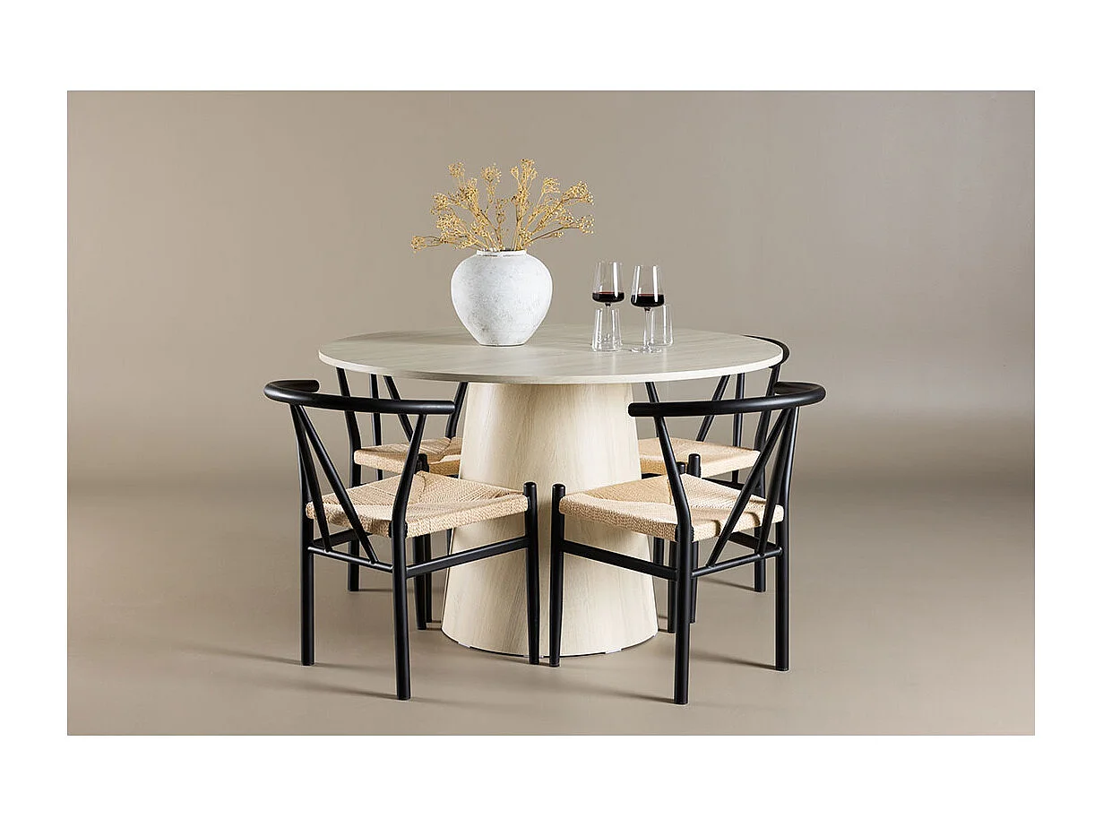 Lanzo ensemble pour salle à manger table Ø120cm et 4 chaises avec accoudoirs empilables whitewash.
