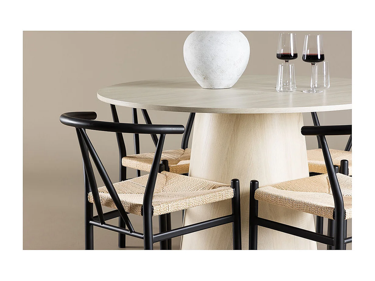 Lanzo ensemble pour salle à manger table Ø120cm et 4 chaises avec accoudoirs empilables whitewash.