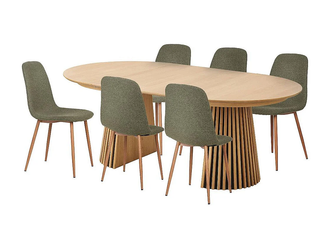 Osaka ensemble pour salle à manger 1 table à manger placage chêne et 6 chaises vert foncé.
