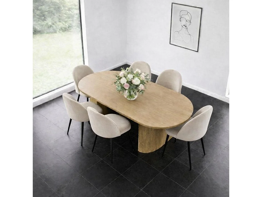 Kyoto ensemble de table à manger table 100x210cm nature, 6 chaises velours beige.