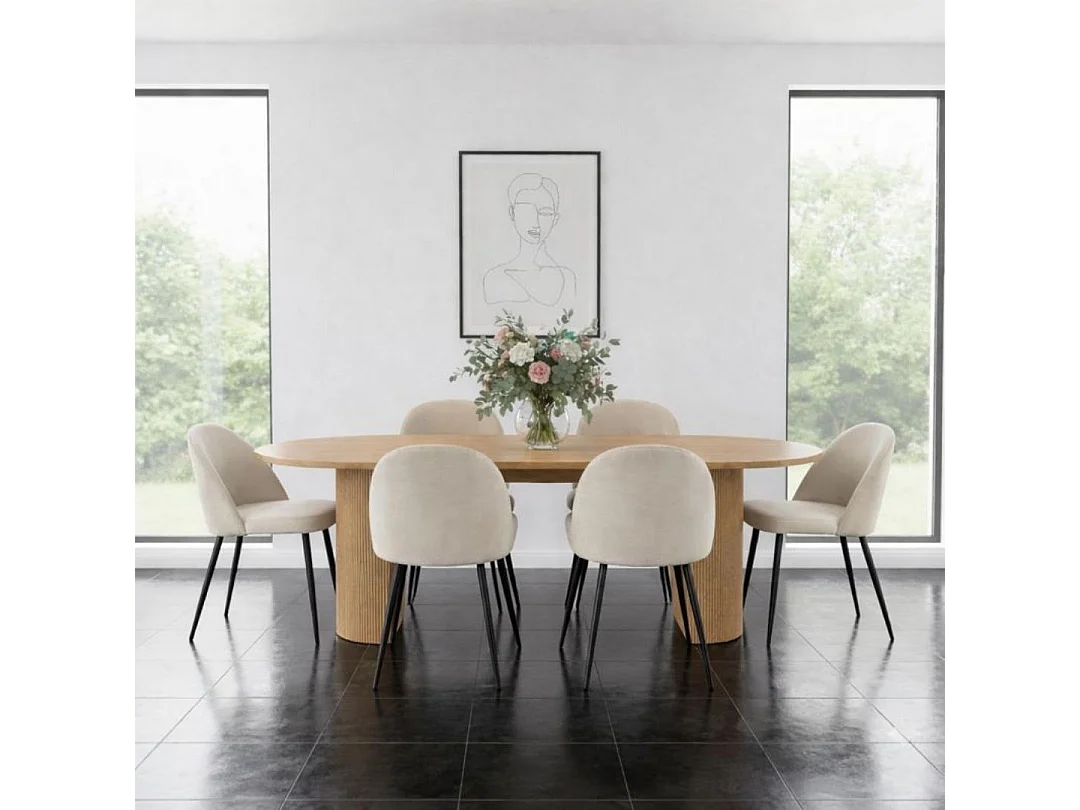 Kyoto ensemble de table à manger table 100x210cm nature, 6 chaises velours beige.