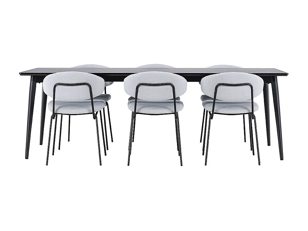 Ellis ensemble pour salle à manger table 85x230cm et 6 chaises bouclé noir.