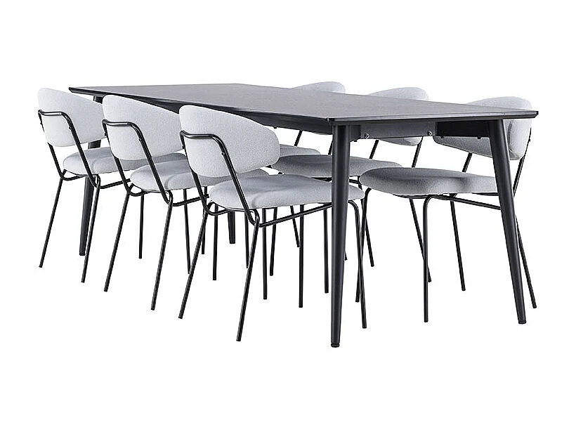 Ellis ensemble pour salle à manger table 85x230cm et 6 chaises bouclé noir.