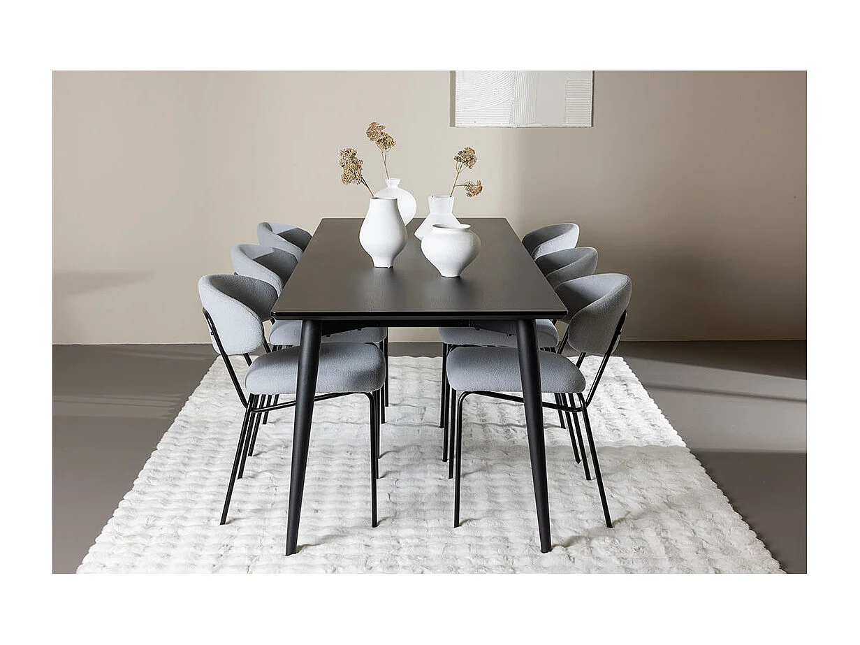 Ellis ensemble pour salle à manger table 85x230cm et 6 chaises bouclé noir.