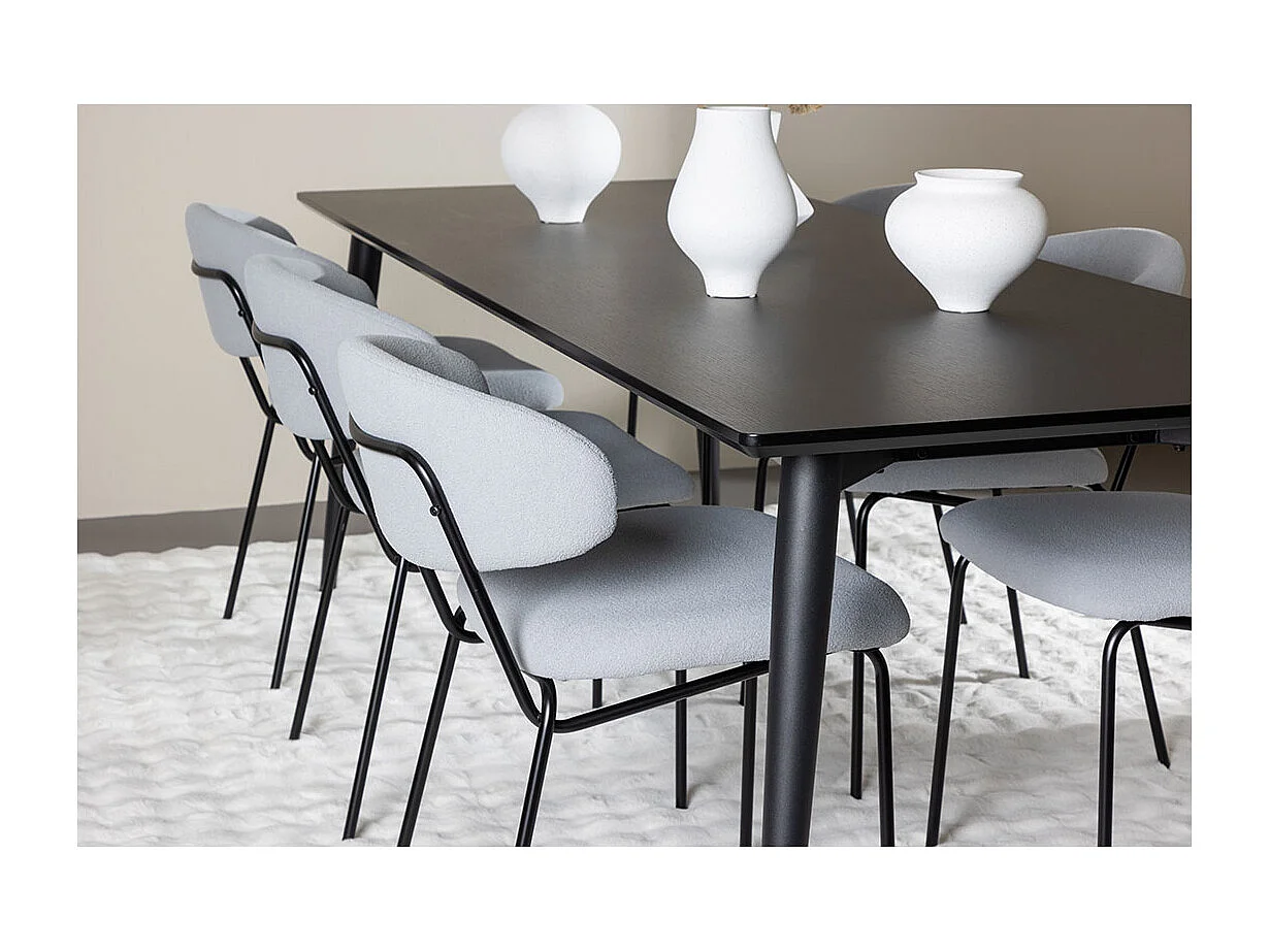 Ellis ensemble pour salle à manger table 85x230cm et 6 chaises bouclé noir.