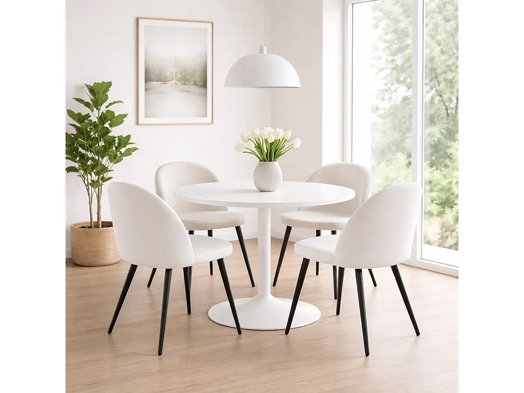 Carry ensemble pour salle à manger table Ø110cm, 4 chaises velours côtelé beige.
