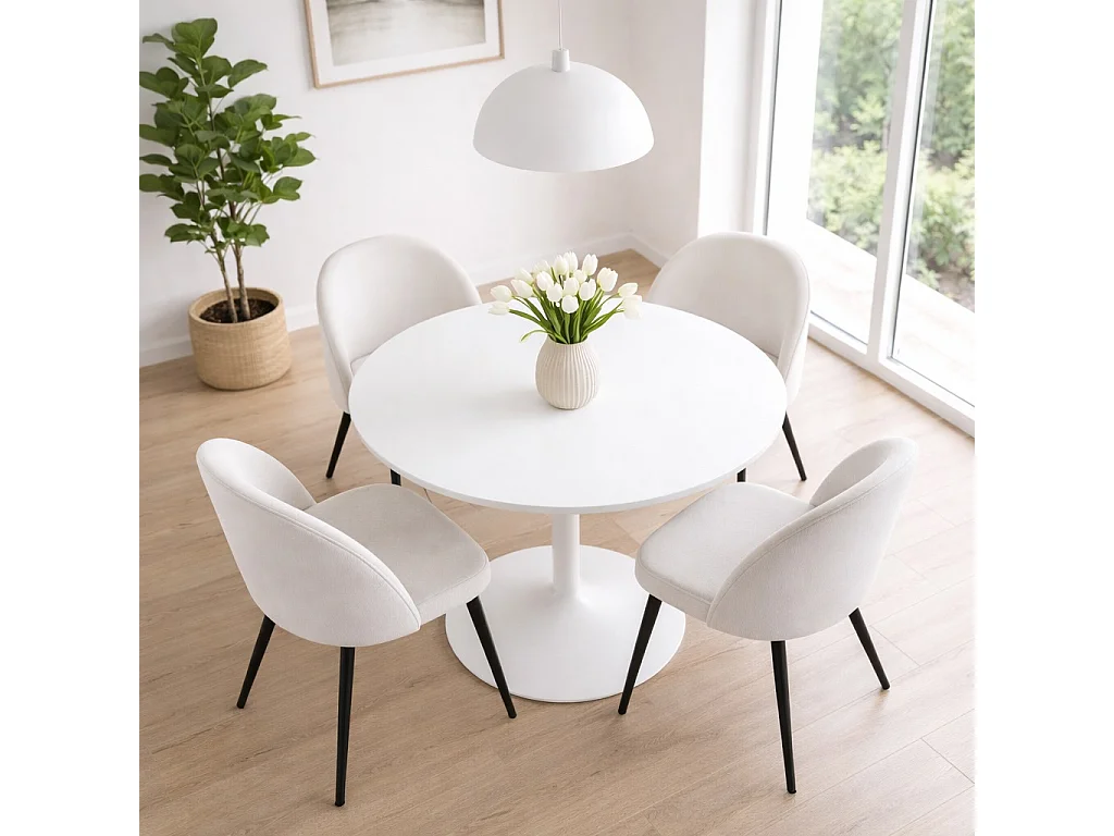 Carry ensemble pour salle à manger table Ø110cm, 4 chaises velours côtelé beige.