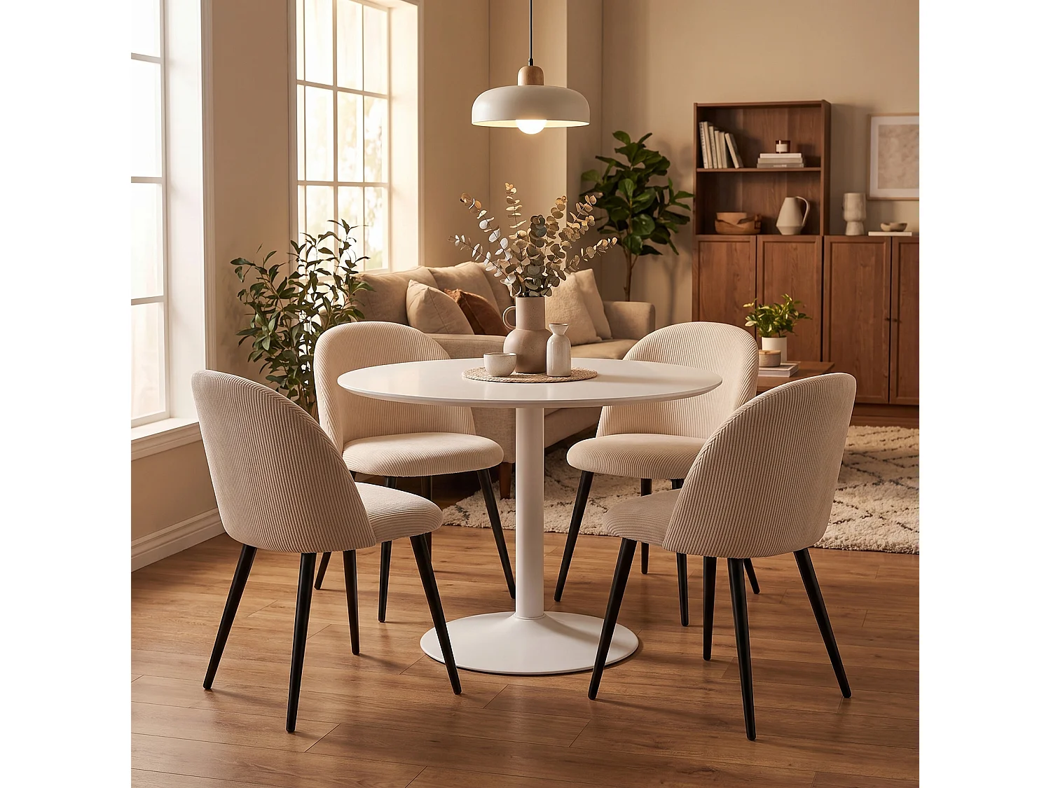 Carry eethoek tafel Ø110cm, 4 stoelen fluweel beige.