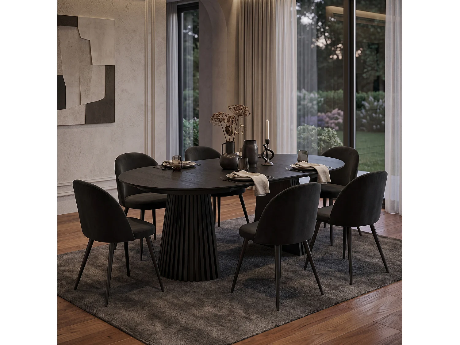 Tokyo eethoek eettafel zwart, 6 stoelen met zwarte velours bekleding.