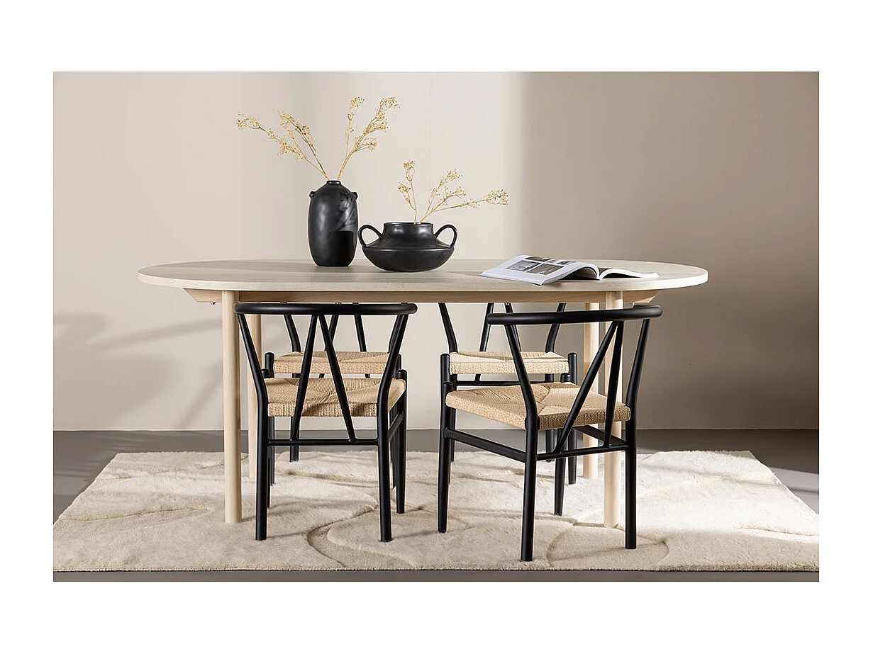 Andy ensemble pour salle à manger table 90x180cm et 4 chaises avec accoudoirs empilables whitewash.