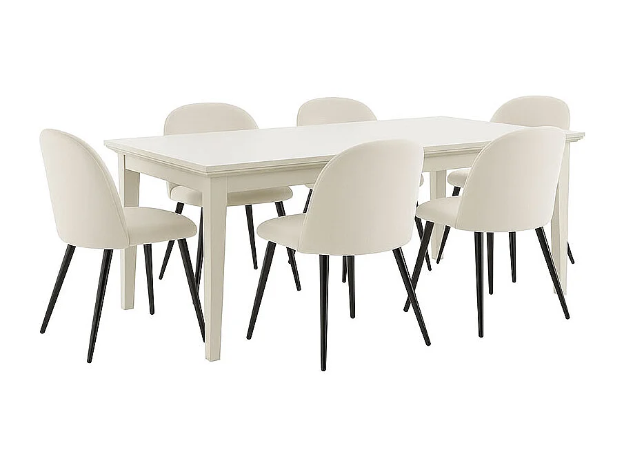 Venedig ensemble pour salle à manger table à manger blanc 95x180/276 avec 2 plateaux supplémentaires 6 chaises velours côtelé beige.