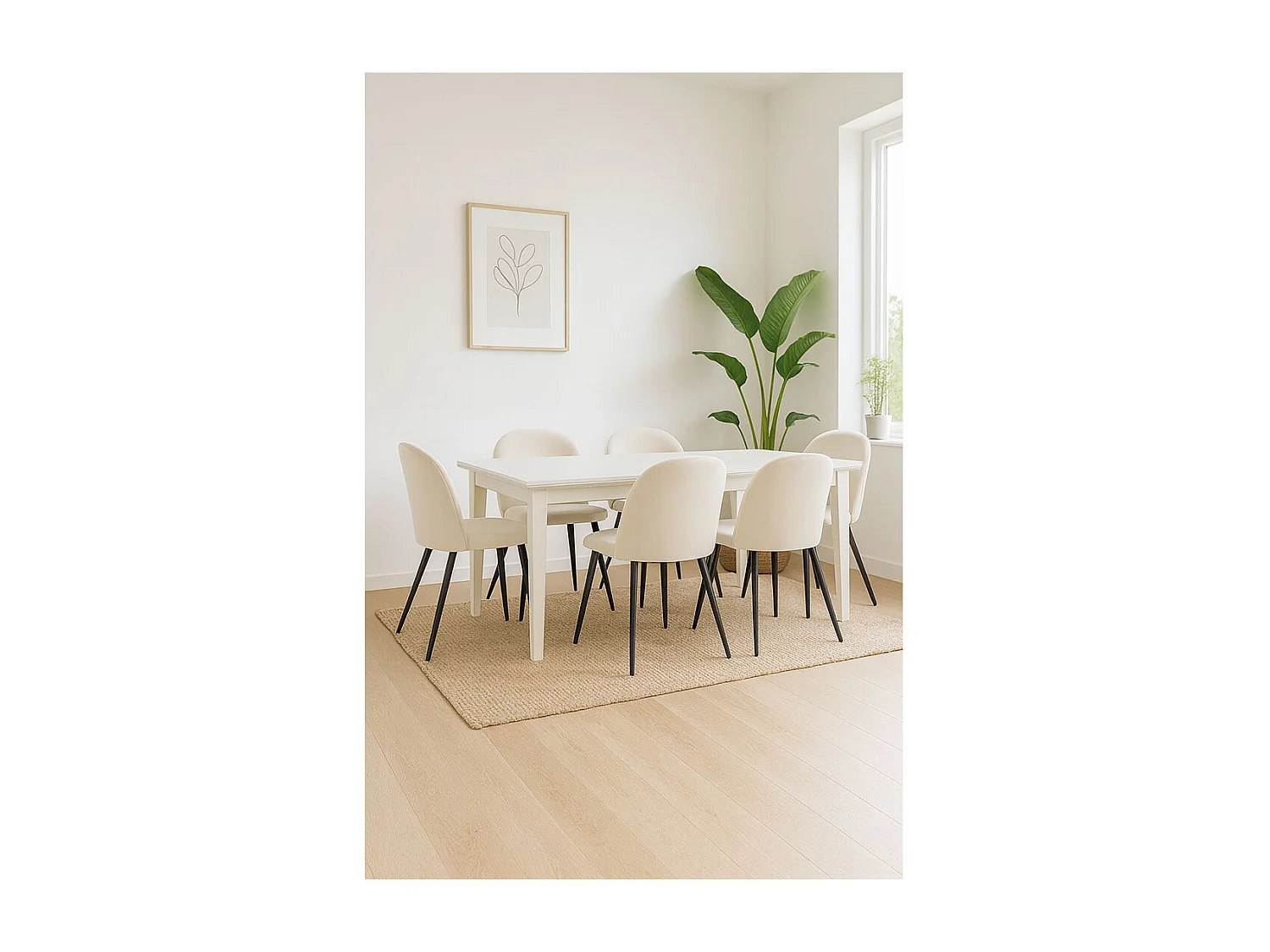 Venedig ensemble pour salle à manger table à manger blanc 95x180/276 avec 2 plateaux supplémentaires 6 chaises velours côtelé beige.