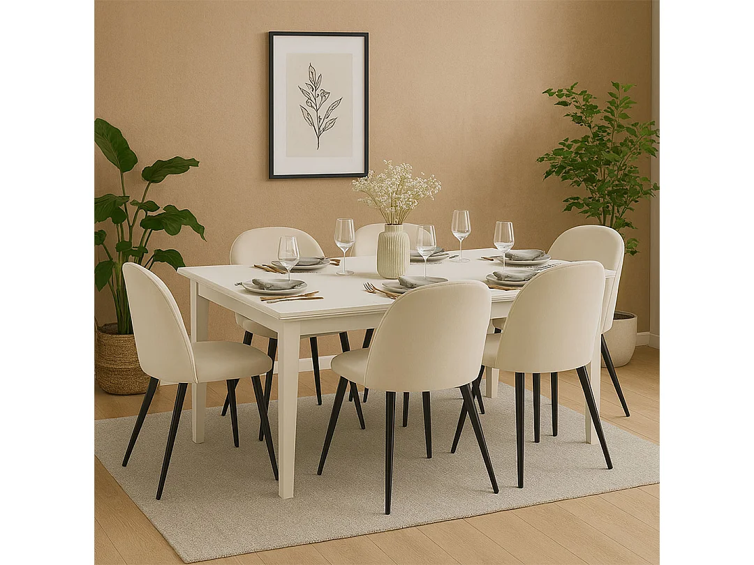 Venedig ensemble pour salle à manger table à manger blanc 95x180/276 avec 2 plateaux supplémentaires 6 chaises velours côtelé beige.