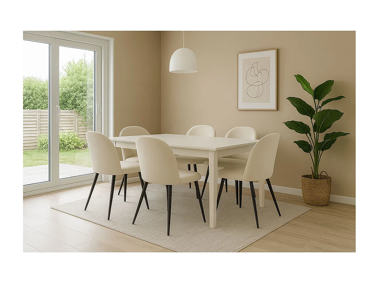 Venedig ensemble pour salle à manger table à manger blanc 95x180/276 avec 2 plateaux supplémentaires 6 chaises velours côtelé beige.