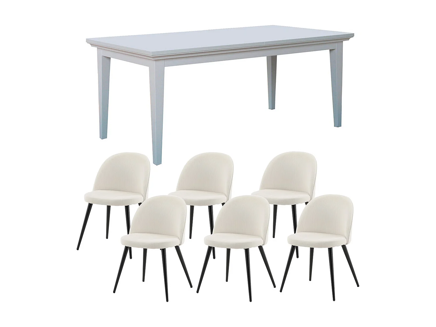 Venedig ensemble pour salle à manger table à manger blanc 95x180/276 avec 2 plateaux supplémentaires 6 chaises velours côtelé beige.