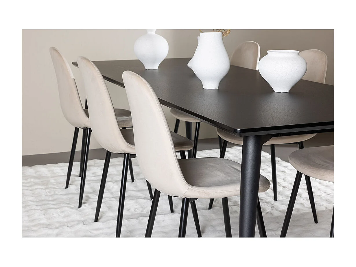 Ellis ensemble pour salle à manger table 85x230cm et 6 chaises velours noir.