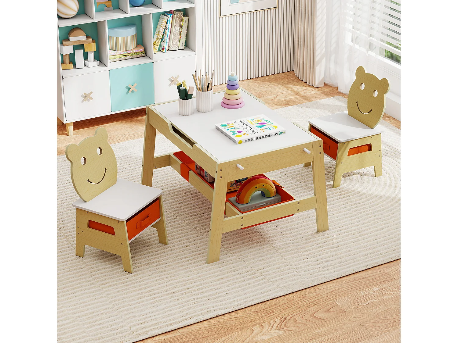 Table Enfant avec 2 Chaises Bureau Enfant 5 en 1 avec Tableau Noir/Tableau Blanc Réversible 4 Crochets pour 3-10 Ans Naturel