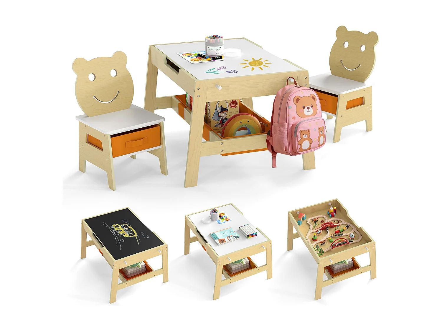 Table Enfant avec 2 Chaises Bureau Enfant 5 en 1 avec Tableau Noir/Tableau Blanc Réversible 4 Crochets pour 3-10 Ans Naturel
