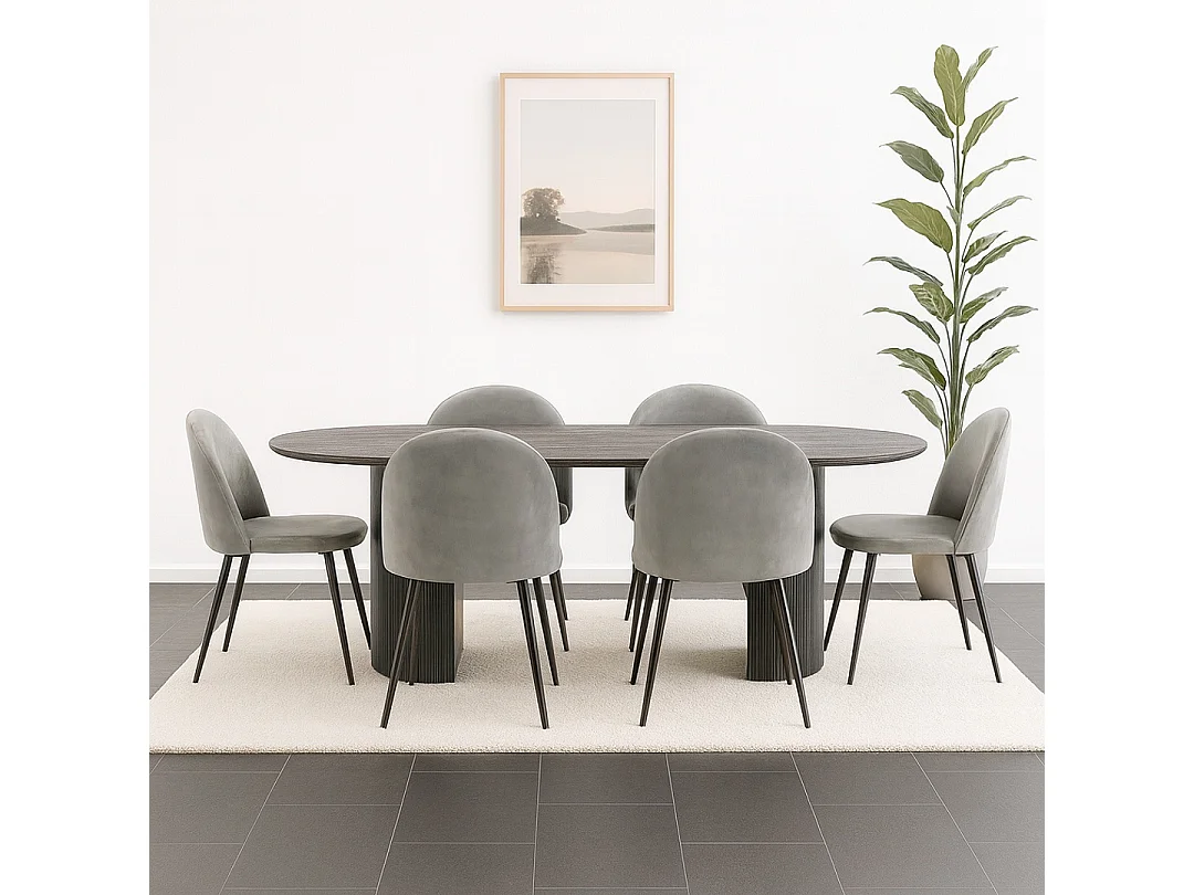 Kyoto ensemble de table à manger table à manger brun foncé, 6 chaises en velours gris.