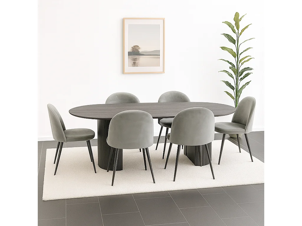 Kyoto ensemble de table à manger table à manger brun foncé, 6 chaises en velours gris.