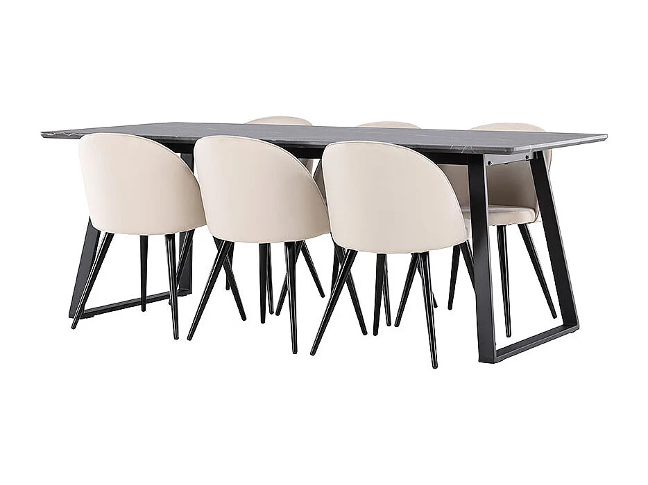 Malaga ensemble pour salle à manger table de salle à manger 90x200cm gris foncé et 6 Skagen chaise velours beige.