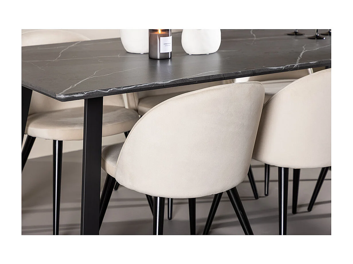 Malaga ensemble pour salle à manger table de salle à manger 90x200cm gris foncé et 6 Skagen chaise velours beige.