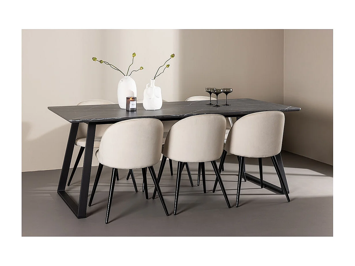 Malaga ensemble pour salle à manger table de salle à manger 90x200cm gris foncé et 6 Skagen chaise velours beige.