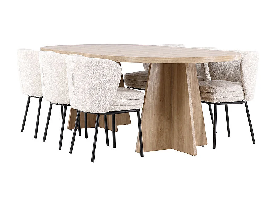 Bootcut ensemble pour salle à manger table 115x230cm et 6 chaises bouclé naturel.