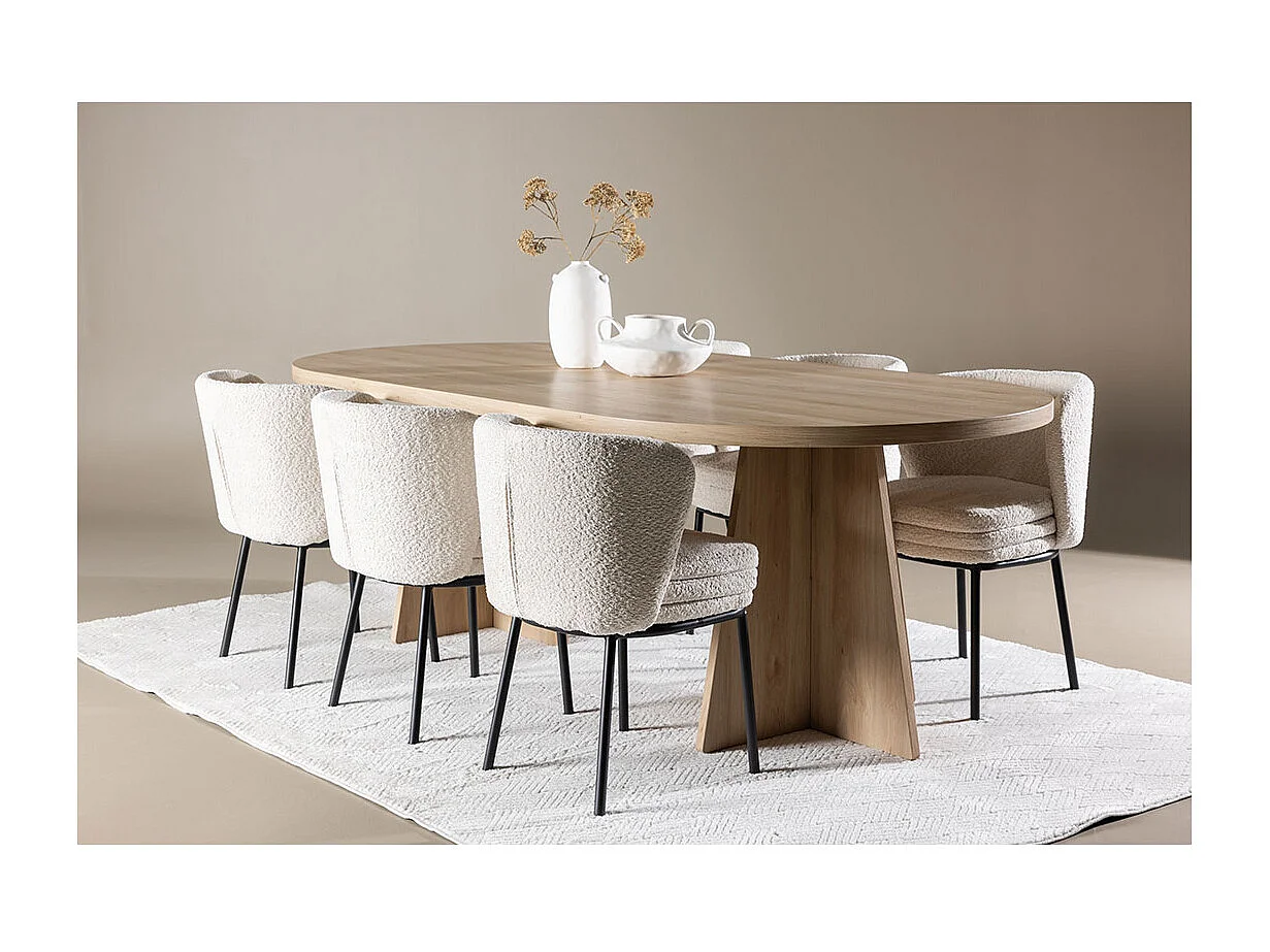 Bootcut ensemble pour salle à manger table 115x230cm et 6 chaises bouclé naturel.