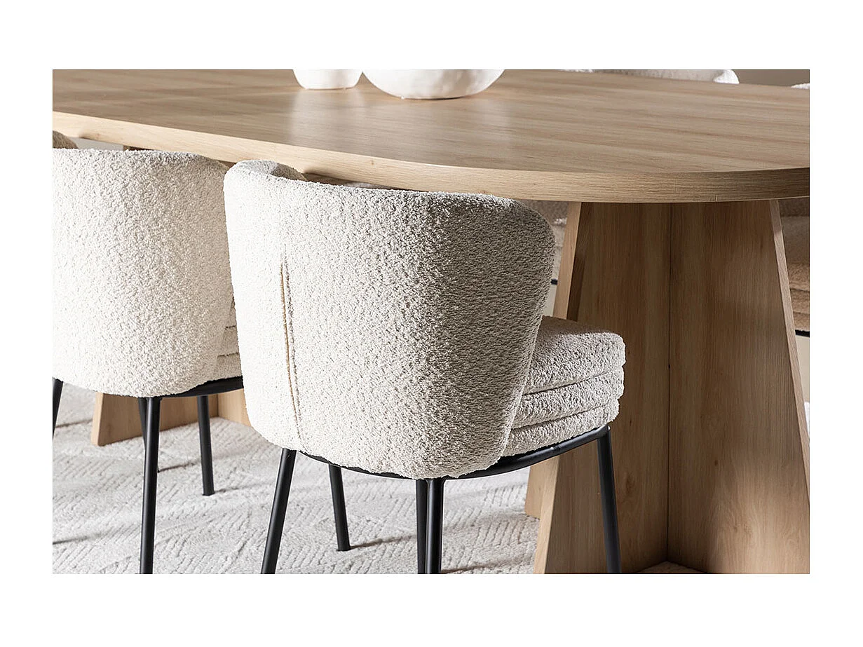 Bootcut ensemble pour salle à manger table 115x230cm et 6 chaises bouclé naturel.