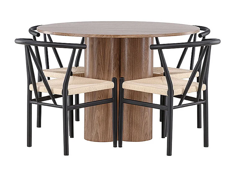 Olivia ensemble pour salle à manger table Ø110cm et 4 chaises avec accoudoirs empilables brun.
