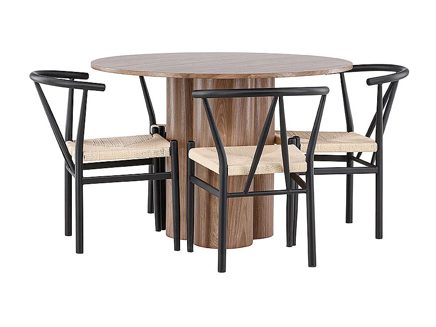 Olivia ensemble pour salle à manger table Ø110cm et 4 chaises avec accoudoirs empilables brun.
