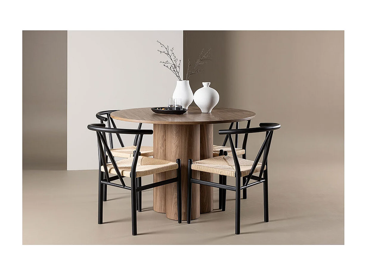 Olivia ensemble pour salle à manger table Ø110cm et 4 chaises avec accoudoirs empilables brun.