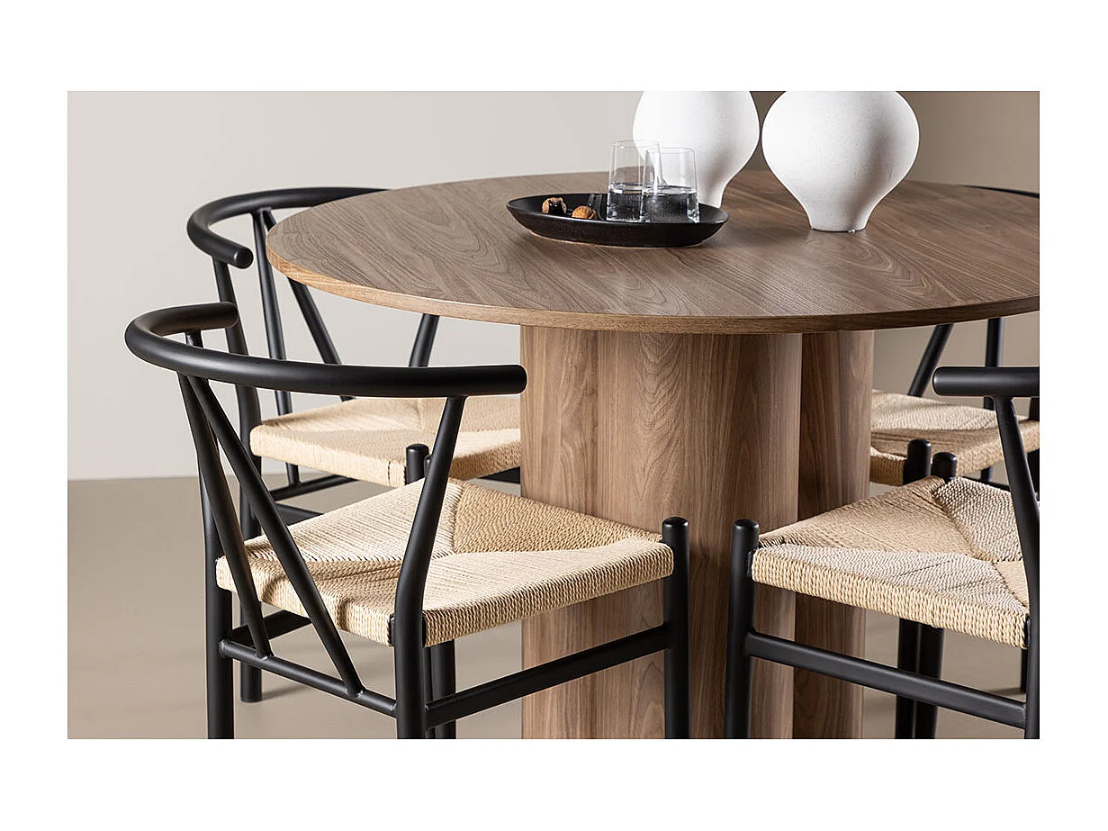 Olivia ensemble pour salle à manger table Ø110cm et 4 chaises avec accoudoirs empilables brun.