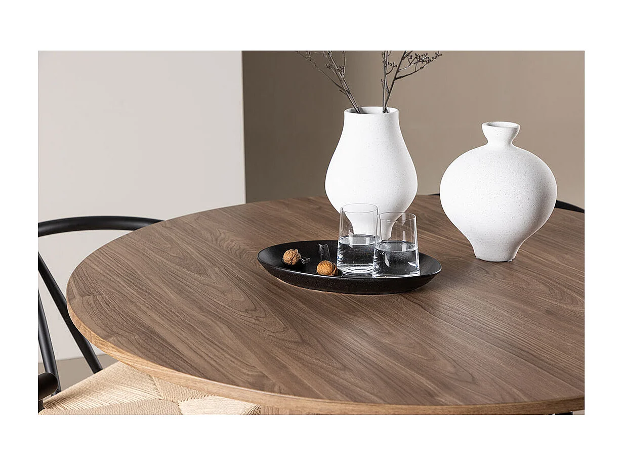 Olivia ensemble pour salle à manger table Ø110cm et 4 chaises avec accoudoirs empilables brun.