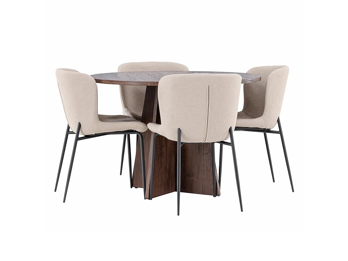 Ensemble Table à Manger & 4 Chaises "Bootcut & Modesto" 110cm Moka & Beige