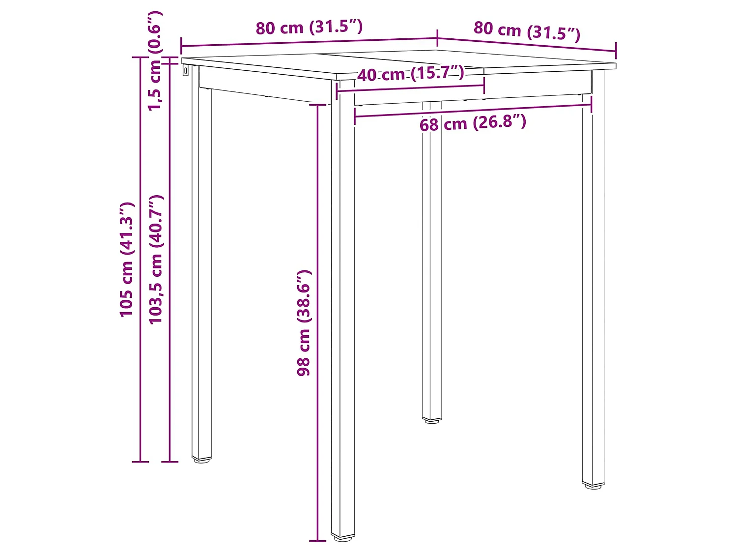 Table de bar carrée 80 x 80 x 105 cm en bois de pin massif naturel